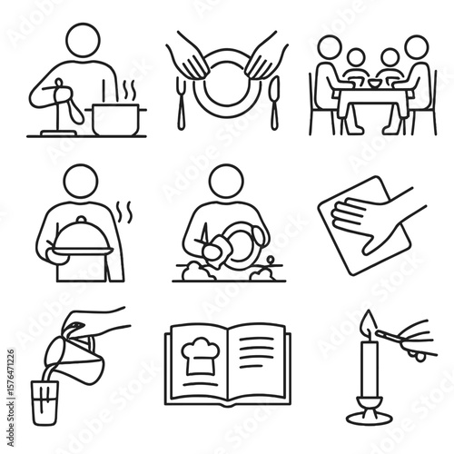 Outline Home Meal Icons. Outline style icons of Meals at Home: cooking dinner, setting the table, family eating, serving food,