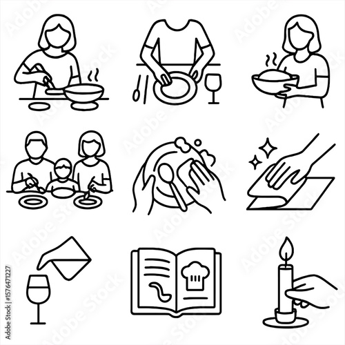 Outline Home Meal Icons. Outline style icons of Meals at Home: cooking dinner, setting the table, family eating, serving food,