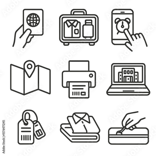 Travel Preparation Icons. Outline style icons of Travel Prep in Daily Routine: checking passport, packing suitcase, setting alarm,
