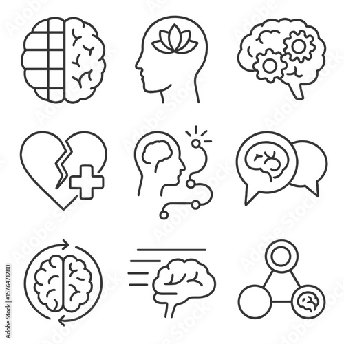 Cognitive Therapy Icons. Outline style icons of Cognitive Therapy: cognitive training brain, mindful therapy brain, brain with