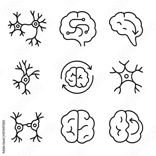 Neuroplasticity Icons Outline. Outline style icons of Neuroplasticity Concepts: interconnected neurons, brain with flexible