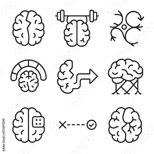 Brain Adaptation Symbols. Outline style icons of Brain Injury and Adaptation: fractured brain icon, brain with rehab barbell,