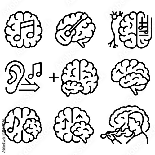 Music and Brain Icons. Outline style icons of Music and Brain Plasticity: musical note in brain, learning instrument brain,