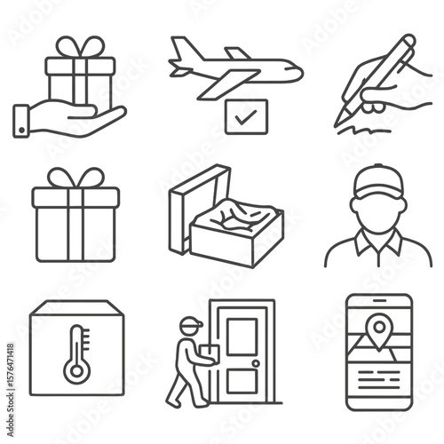 First-Class Delivery Icons. Outline style icons of First-Class Delivery: white glove delivery icon, express air courier, signature