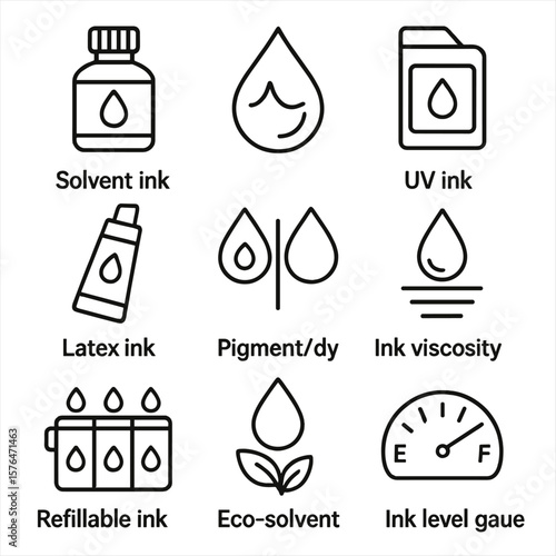 Ink Type Icons. Outline style icons of Ink Types: solvent ink bottle, water-based ink droplet, UV ink cartridge, latex ink tube,