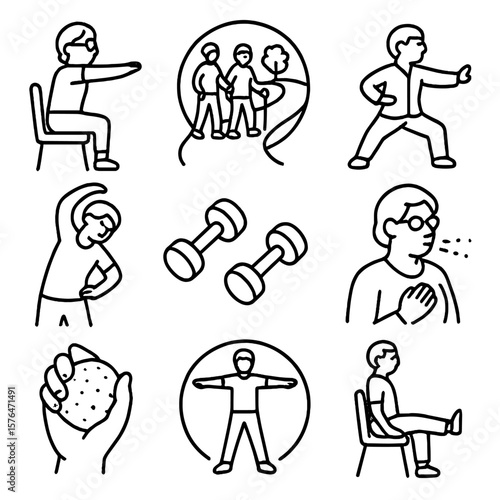 Elder Exercise Icons. Outline style icons of Elder Exercise and Movement: chair yoga pose, walking trail icon, tai chi motion,