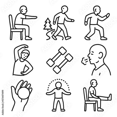 Elder Exercise Icons. Outline style icons of Elder Exercise and Movement: chair yoga pose, walking trail icon, tai chi motion,