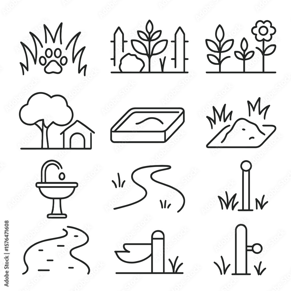 Fototapeta premium Pet-Friendly Landscaping Icons. Outline style icons of Pet-Friendly Landscaping: grass zone with paw, fenced garden, pet-safe