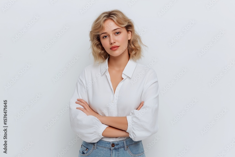 A woman with blonde hair and a white shirt is standing with her arms crossed. She has a serious expression on her face A woman with blonde hair and a white shirt is standing with her arms crossed. She has a serious expression on her face