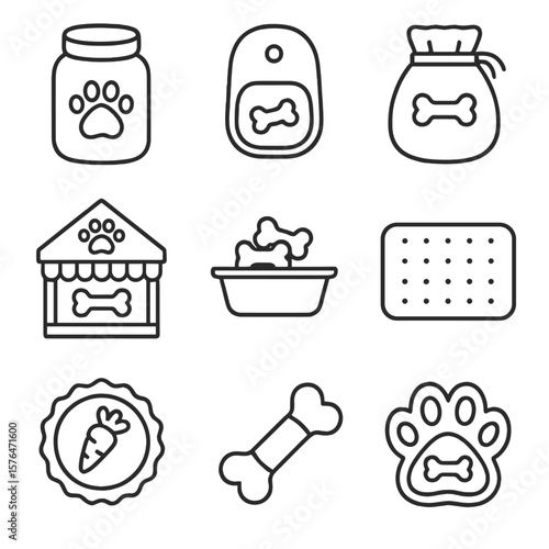 Pet Treat Icons. Outline style icons of Pet Treat Zones: treat jar, treat dispenser, training treat pouch, bakery for pets, pet