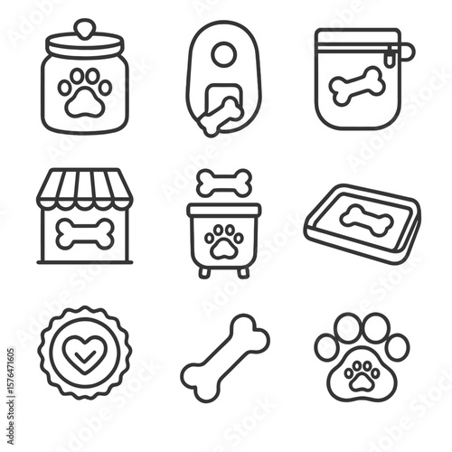 Pet Treat Icons. Outline style icons of Pet Treat Zones: treat jar, treat dispenser, training treat pouch, bakery for pets, pet