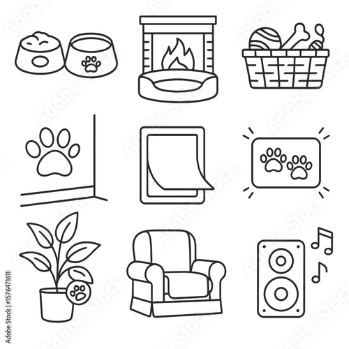 Pet-Friendly Icons. Outline style icons of Pet-Friendly Living: food and water bowls, pet bed near fireplace, toy basket, paw