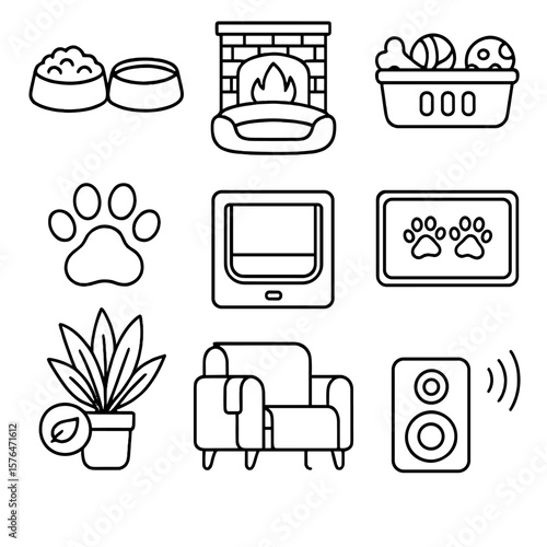 Pet-Friendly Icons. Outline style icons of Pet-Friendly Living: food and water bowls, pet bed near fireplace, toy basket, paw