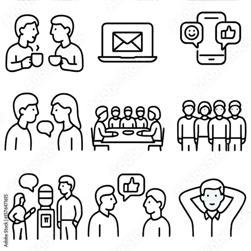 Informal Business Icons. Outline style icons of Informal Business Communication: coffee break chat, casual email, emojis in text,