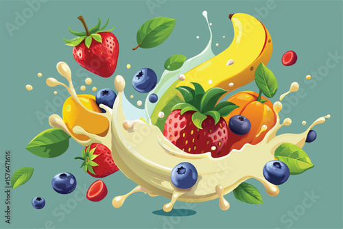 A dynamic illustration showcasing a colorful mix of fruits such as bananas, strawberries, and blueberries, bursting with freshness in a creamy, energetic milk splash.