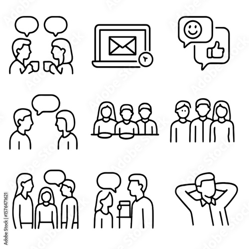 Informal Business Icons. Outline style icons of Informal Business Communication: coffee break chat, casual email, emojis in text,