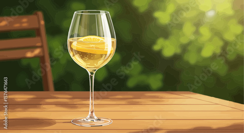 Glass of white wine with lemon slice on wooden table outdoors  