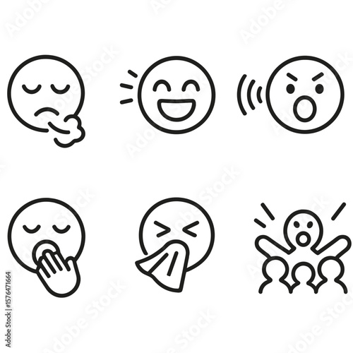 Emotional Sound Icons. Outline style icons of Emotional Sound Expressions: sighing face, laughter lines, crying sound icon, gasp