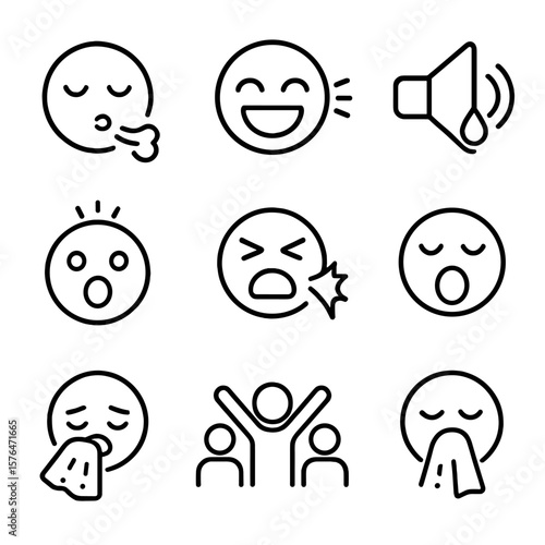 Emotional Sound Icons. Outline style icons of Emotional Sound Expressions: sighing face, laughter lines, crying sound icon, gasp