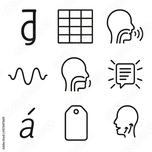 Language Sound Icons. Outline style icons of Language and Sound: phoneme symbol, IPA chart, vowel wave, consonant articulation,