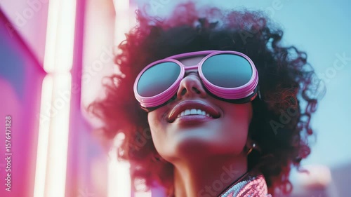 Young Woman with Afro Hair and Sunglasses Smiling in Neon Urban Setting at Sunset