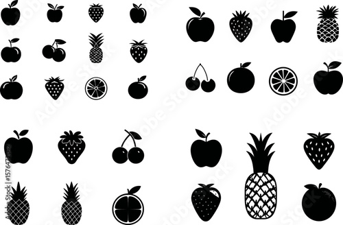 Black and white fruit vector set apple strawberry pineapple cherry orange icon