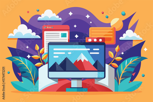 A colorful web design illustration featuring a computer screen with mountainous landscapes surrounded by vibrant nature elements, clouds, and stars, conveying creativity and innovation.