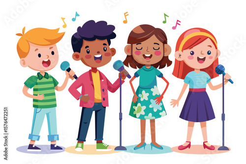Illustration of four happy children singing with microphones, expressing unity and joy. Perfect for concepts of teamwork, childhood fun, and musical creativity.