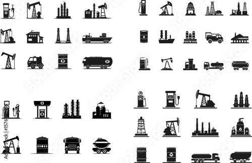Oil and gas industry vector icons set collection petroleum production and refinery