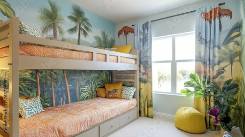 Tropical-Themed Children's Bedroom with Bunk Bed and Colorful Decor Featuring Wall Murals
