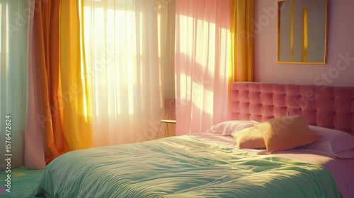Cozy Sunlit Bedroom with Soft Pillows and Bright Curtains in Warm Morning Light