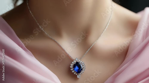 Woman in Pink Dress Wearing and Showcasing Elegant Blue Gem Necklace