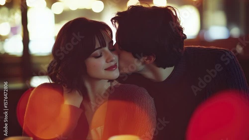 Couple Sharing Intimate Moment in Dimly Lit Urban Setting with Bokeh Lights