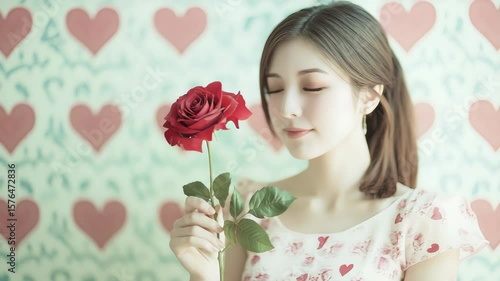 Young woman in floral dress smelling red rose against heart-patterned wall