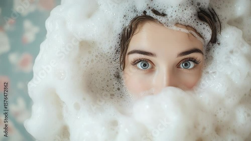 Woman Relaxing in Bathtub with Soap Bubbles Covering Face and Eyes Visible