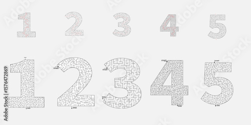 Maze educational game number set puzzle vector design