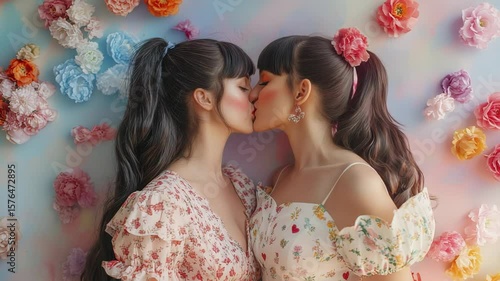 Two Women Sharing a Kiss in Front of a Colorful Flower Wall