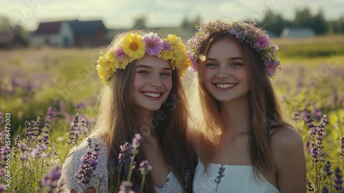 Two Women Smiling with Flower Crowns in Lavender Field on Sunny Day