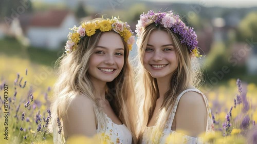 Two Young Women with Flower Crowns Smiling in a Field of Lavender on a Sunny Day