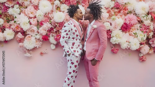 Diverse Couple Posing in Front of Pink and White Floral Wall