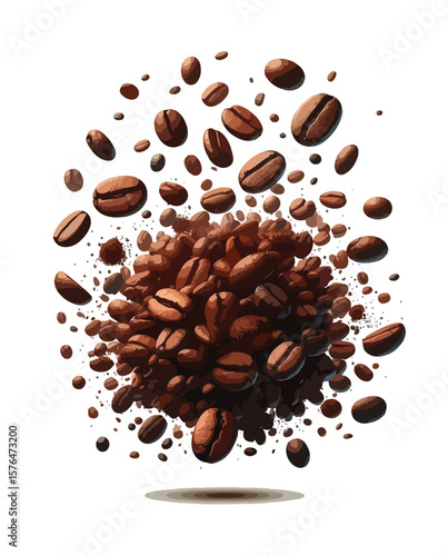 Falling coffee beans isolated on white background