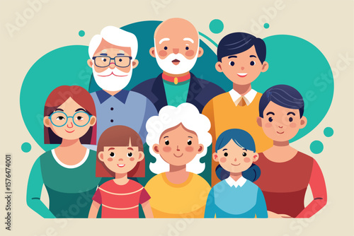Colorful illustration of a multi generational family with smiling faces, representing togetherness and diversity. Ideal for concepts of family connections, relationships, and generations.