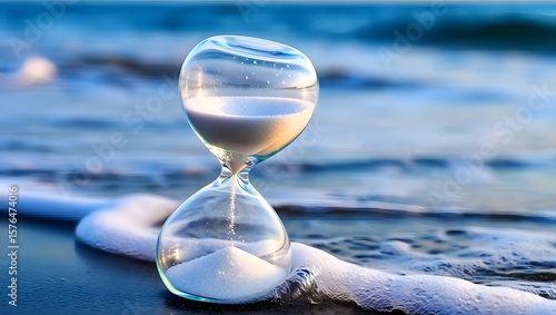 Hourglass time sand beach ocean countdown deadline urgency passing moment eternity concept