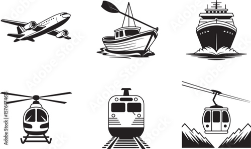 Transportation Icons Airplane, Boat, Ship, Helicopter, Train, Cable Car – Vector Graphics