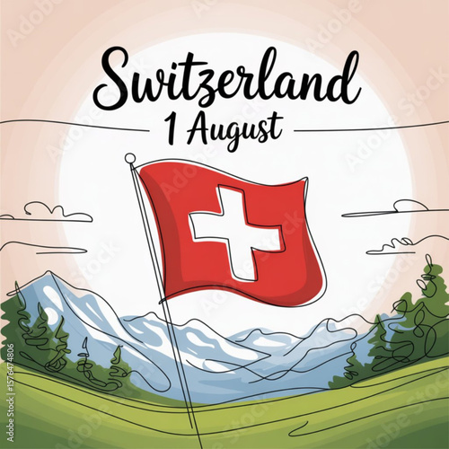Hand-drawn lettering, Swiss National Day, one-line art, red flag, typography, Switzerland, poster, card, 1 August, minimal, elegant, celebration, patriotic, vector, illustration.
