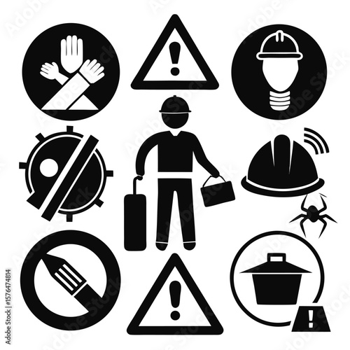 Industrial Workplace Safety Signage Emphasizing Hazards and Precautions for a Secure Environment for Workers and Equipment