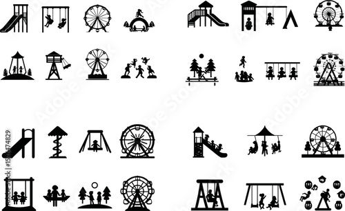 Playground equipment vector set, kids playing, swings, slides, ferris wheels icons