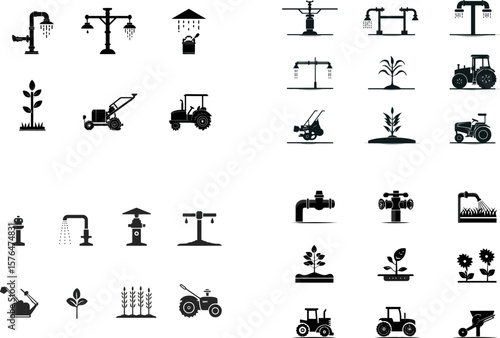 Agriculture equipment and irrigation systems vector icons for farming and growth