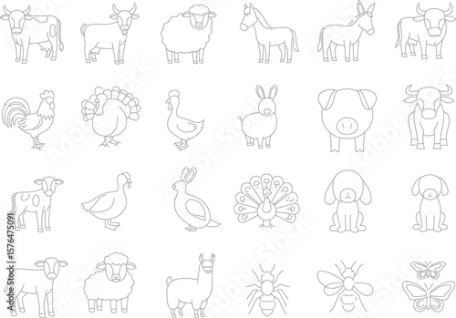 Farm Animals Line Icon Set: Thin Linear Vector Pictograms of Ducklings, Sheep, Horses & Barnyard Animals