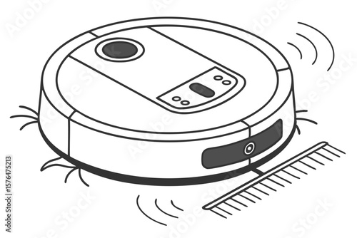 Line Art Illustration of a Robotic Vacuum Cleaner with Sensors and Rotating Brush for Autonomous Cleaning